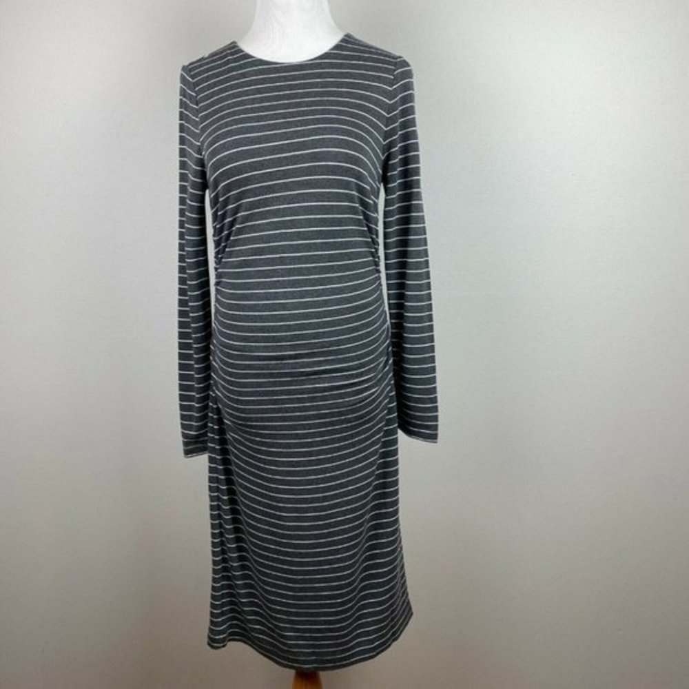 Ann Taylor Sheath Dress S Gray White Stripe Ruched Waist Long Sleeve‎ Over Knee